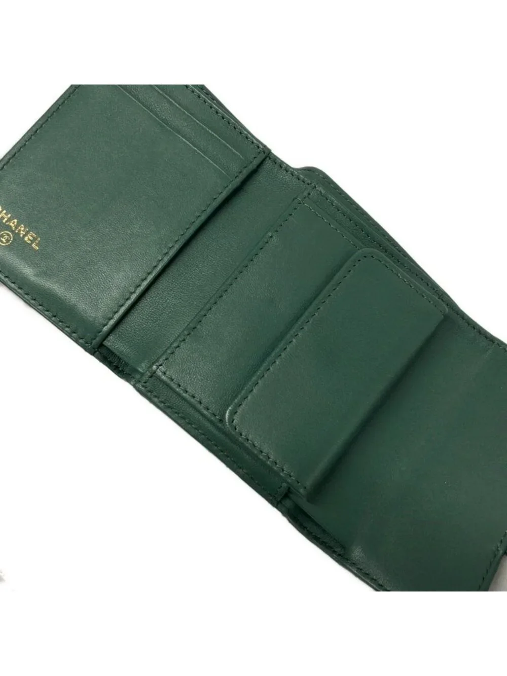 Chanel Trifold Wallet Quilted Blue Green CC Logo Gold Lambskin